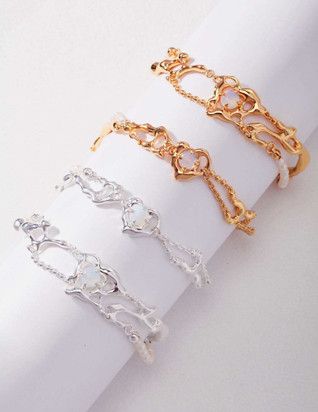 Opal & Pearl Bracelet｜Fluid Heart Design in Retro Gold & Silver