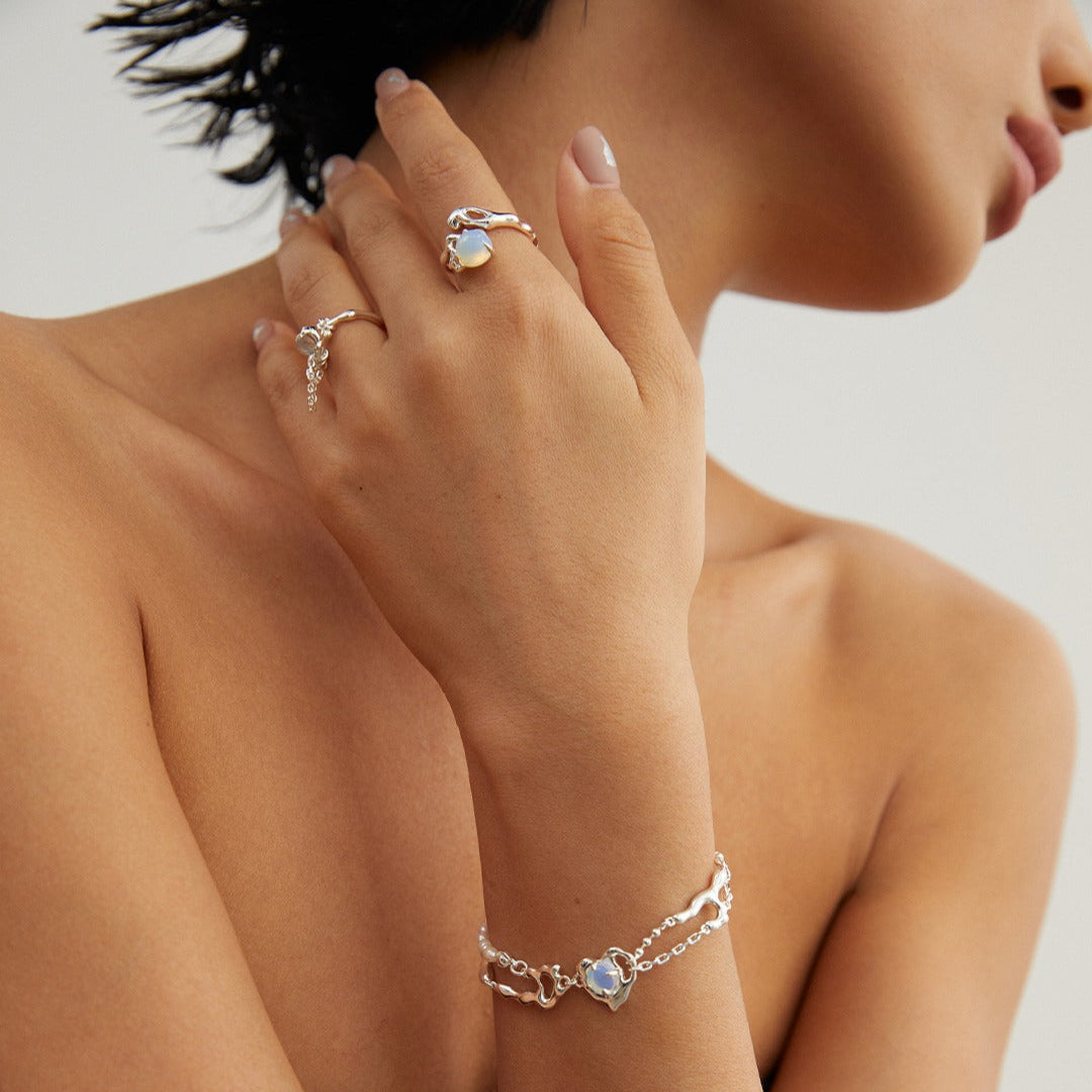 Opal & Pearl Bracelet｜Fluid Heart Design in Retro Gold & Silver