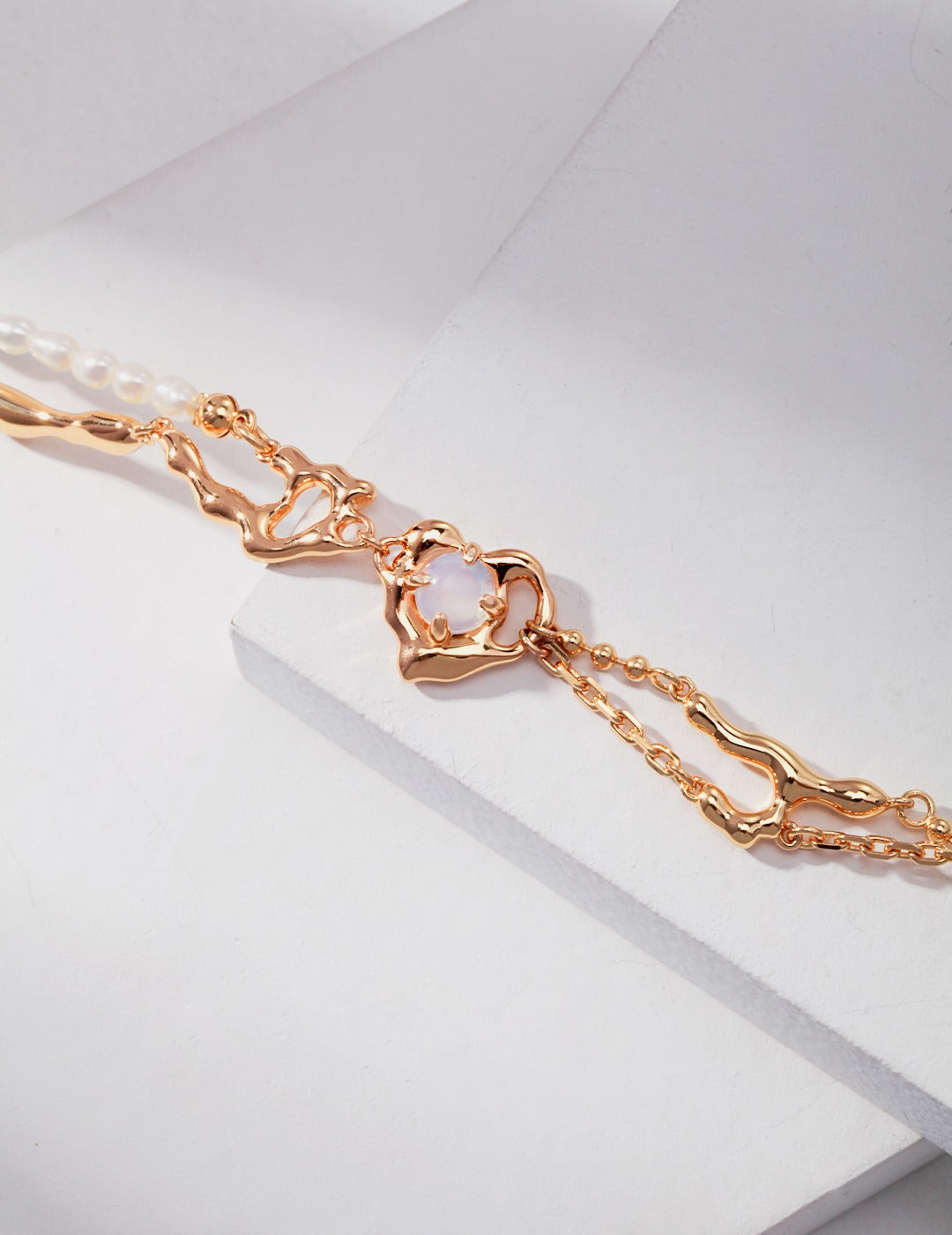 Opal & Pearl Bracelet｜Fluid Heart Design in Retro Gold & Silver