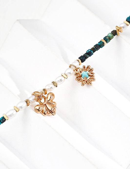 Malachite & Turquoise Pearl Necklace｜Earthy Elegance in Retro Gold