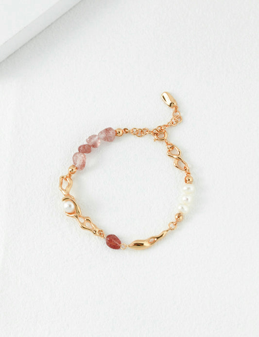 Strawberry Quartz & Pearl Bracelet｜Organic Vine Design in Retro Gold & White Gold